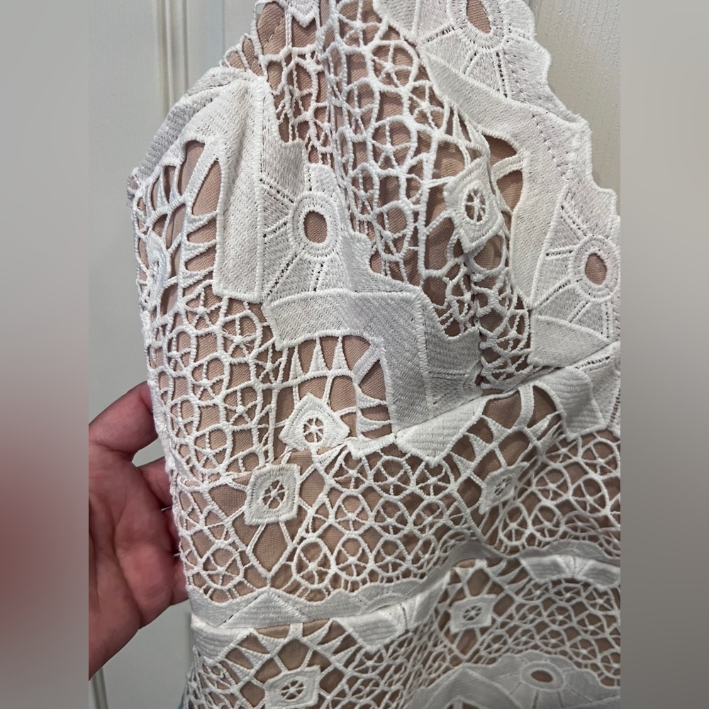 Lulus white and tan style lace overlay bodycon dress coquette fairy wedding - Picture 5 of 15